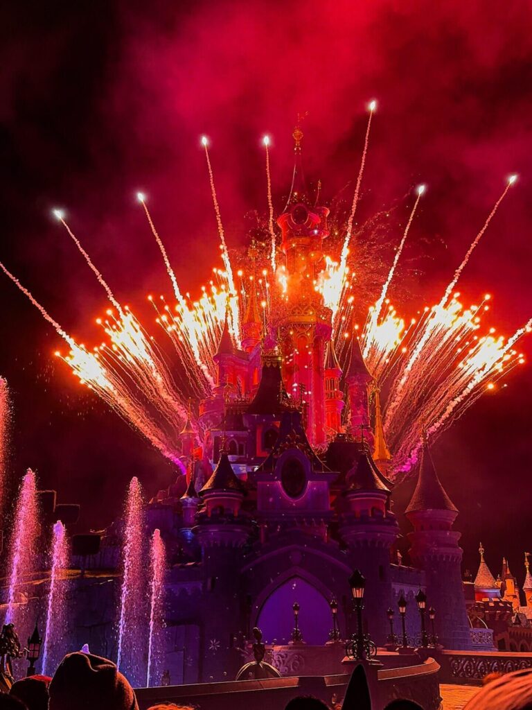 Nighttime fireworks show at Disneyland Paris