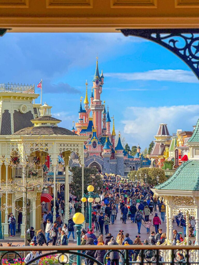 Visitors entering Disneyland Paris early in the morning