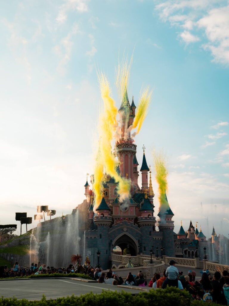Summer crowds near Sleeping Beauty Castle at Disneyland Paris