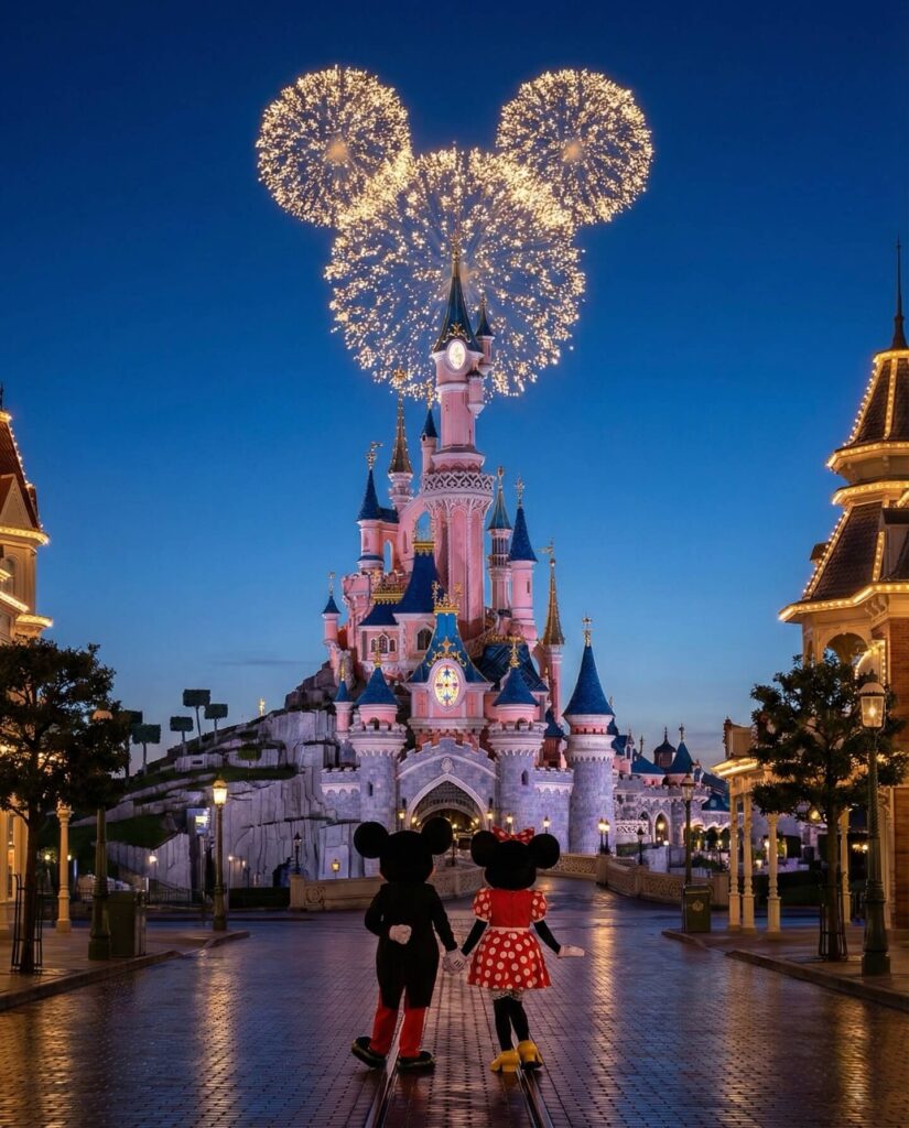 Disneyland Paris fireworks show during summer evening