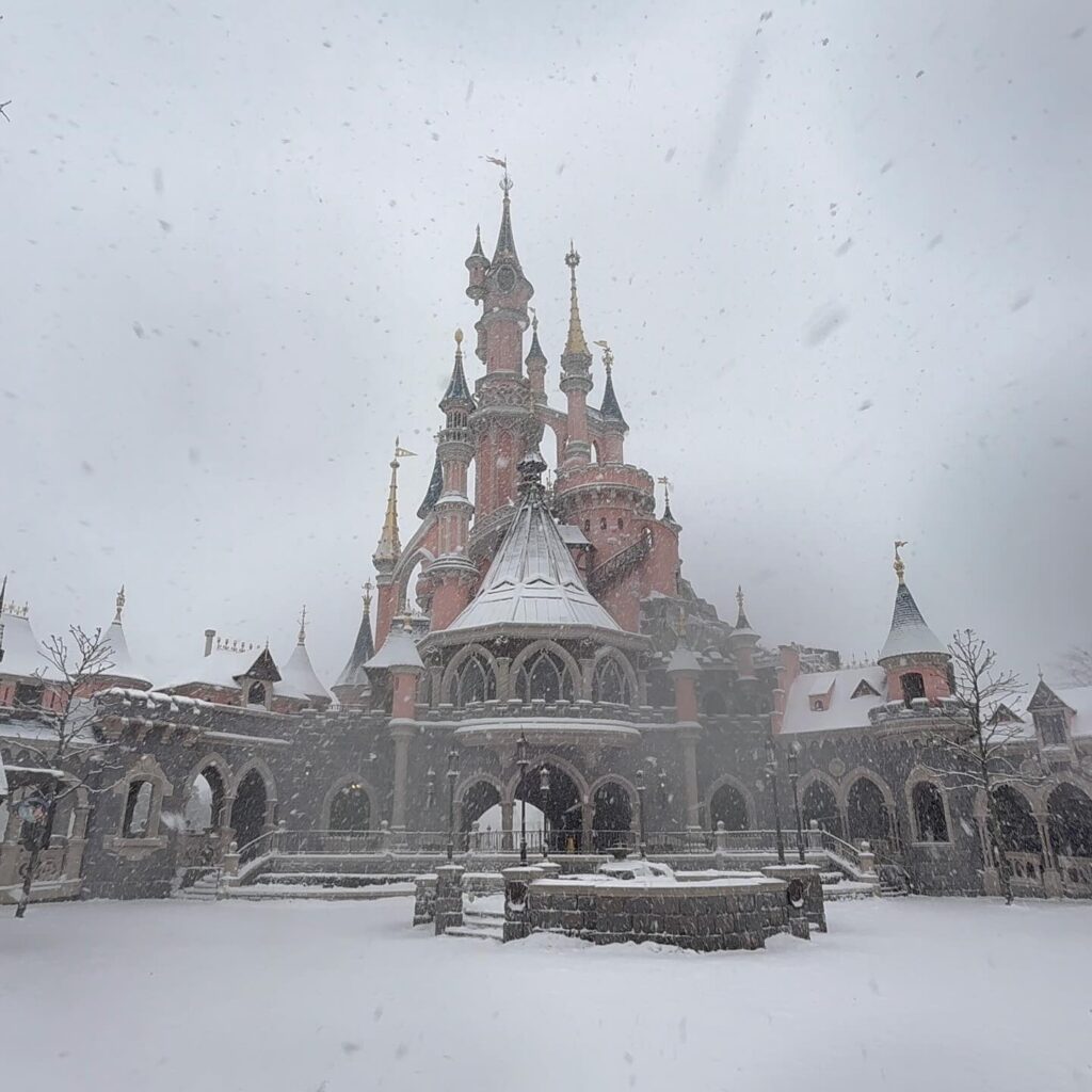Sleeping Beauty Castle during winter at Disneyland Paris