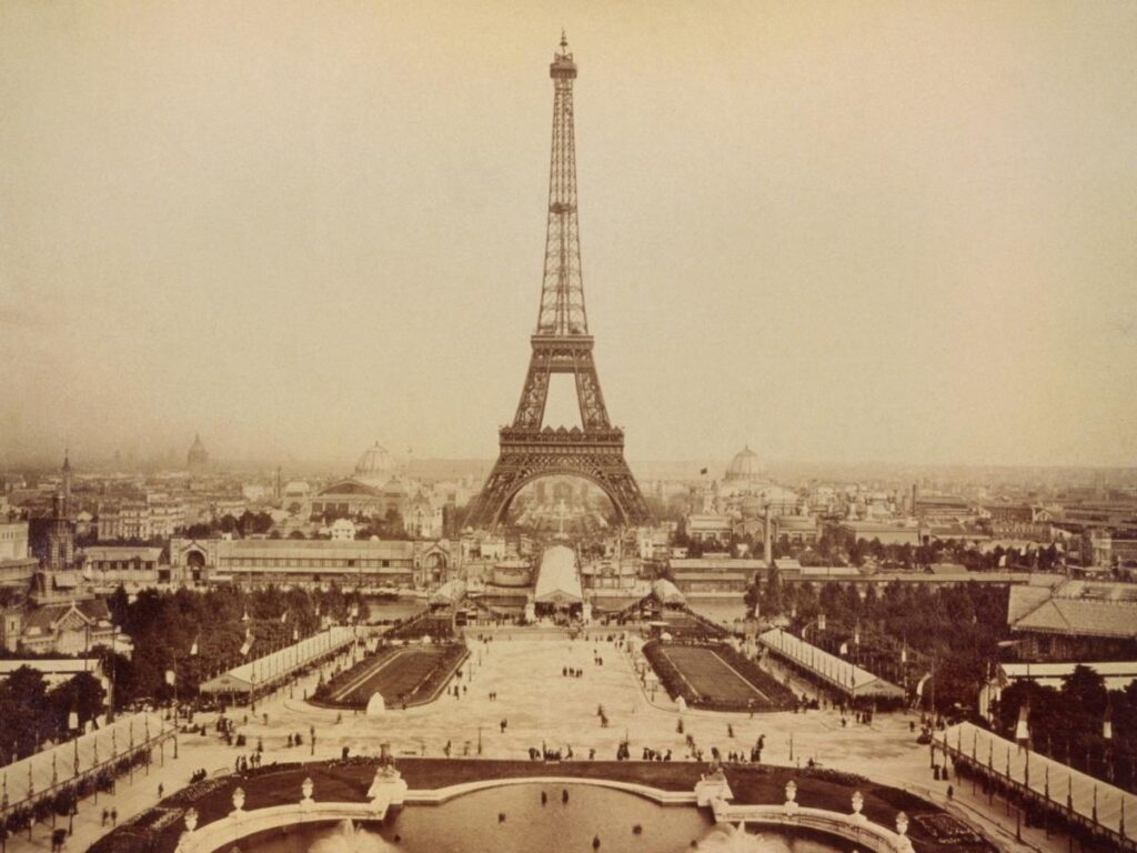 Historic view of the Eiffel Tower during the 1889 World’s Fair in Paris