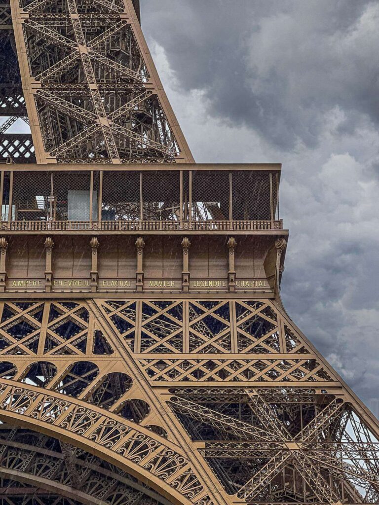 Visitors standing on the glass floor at the first level of the Eiffel Tower looking down