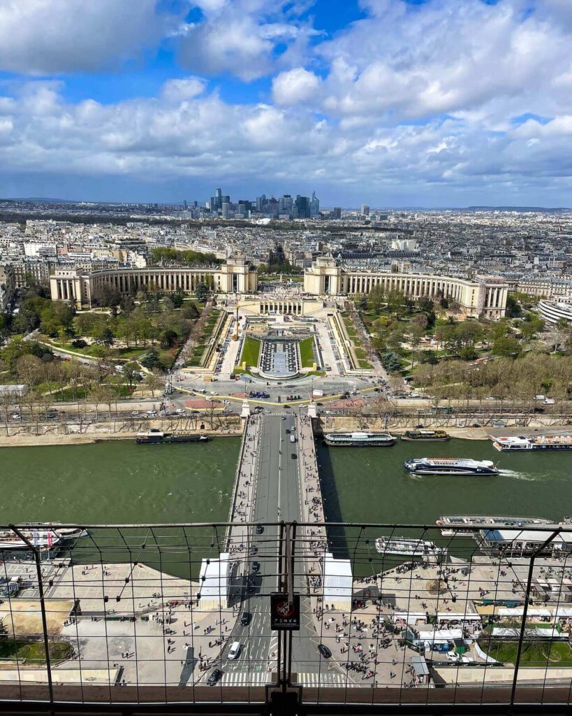 View of Paris skyline and Seine river from the second floor of the Eiffel Tower