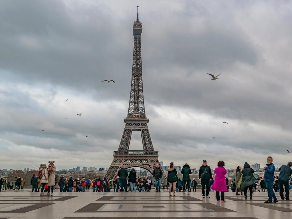 Structured entry and security area at the base of the Eiffel Tower in Paris