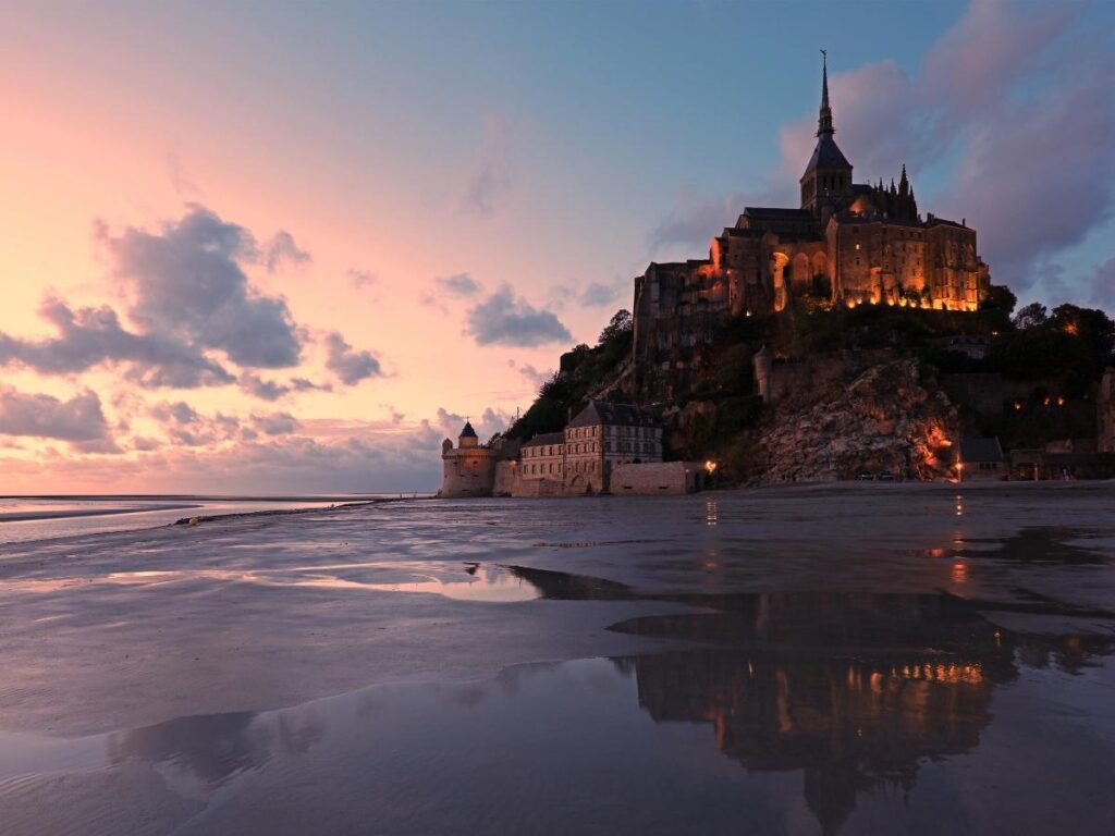 Golden hour view of Mont Saint Michel in Normandy France