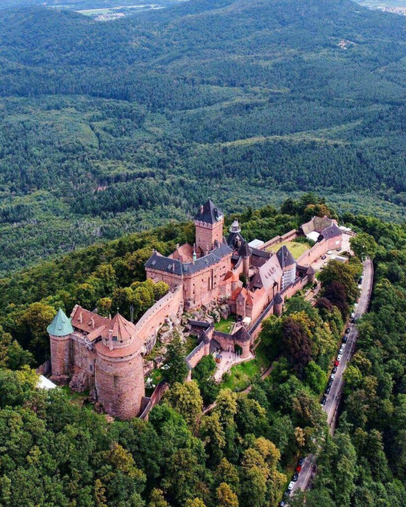 Scenic mountain road leading to Château du Haut-Kœnigsbourg in Alsace