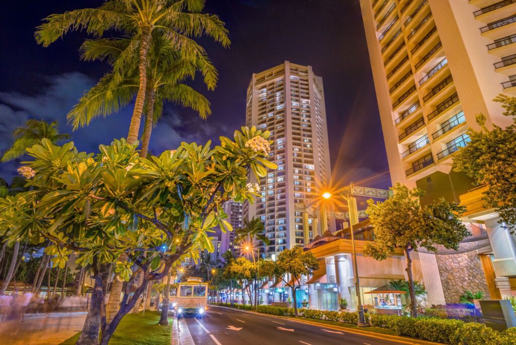 Exterior view of Hyatt Regency Waikiki Beach Resort and Spa with oceanfront location in Waikiki Honolulu