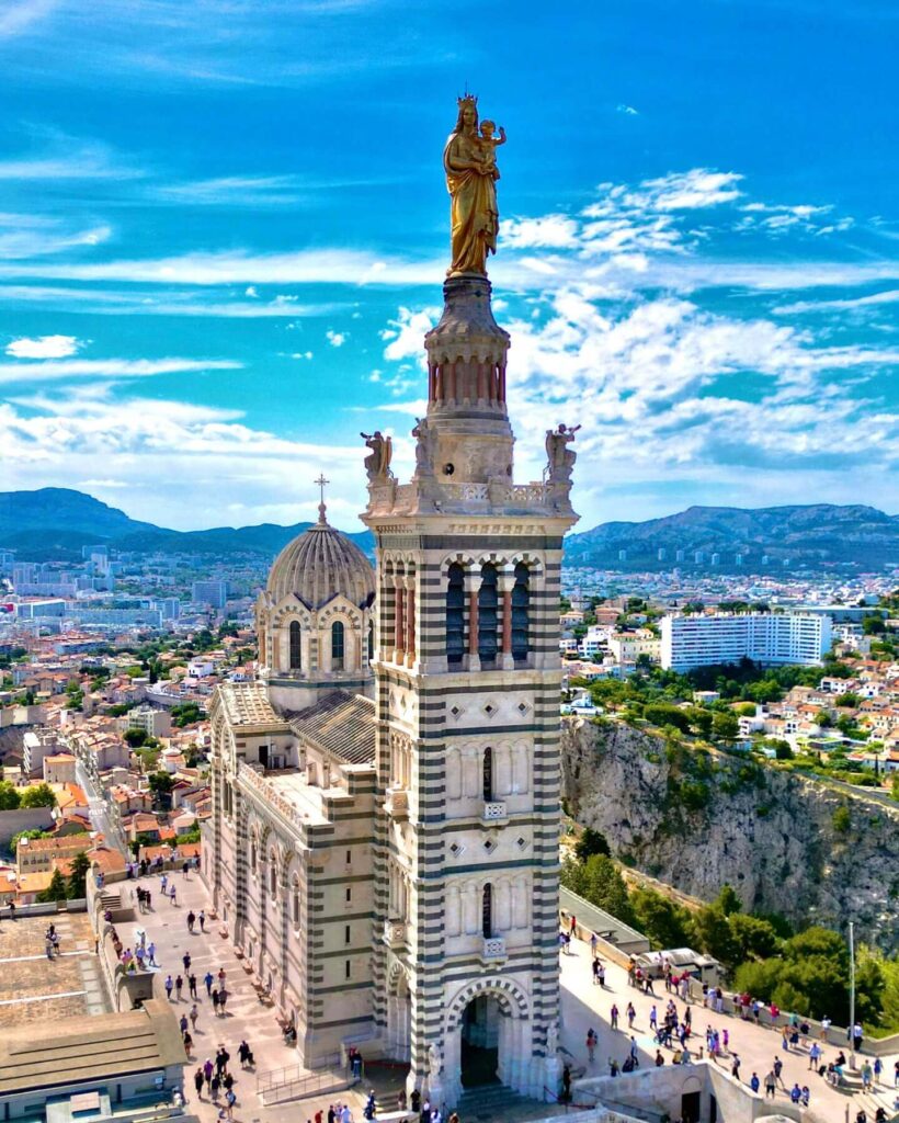 Golden Virgin Mary statue above Notre Dame de la Garde in Marseille