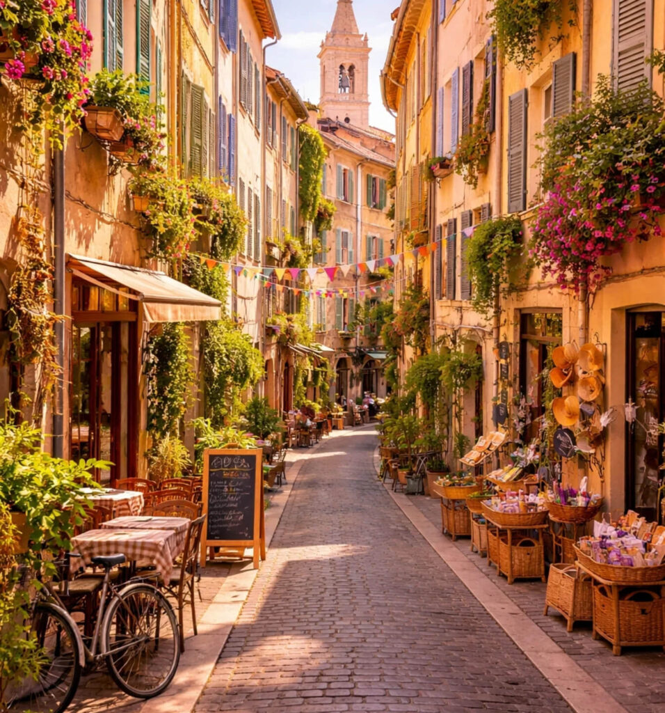Colorful streets and cafés in Le Panier neighborhood in Marseille