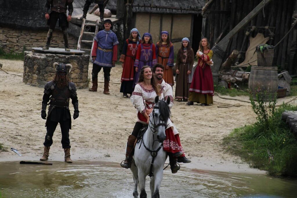 Viking ship and action scene during Les Vikings show at Puy du Fou