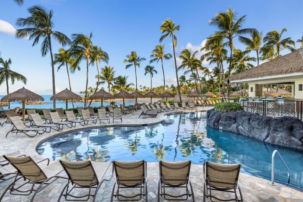 Exterior view of Marriott's Ko Olina Beach Club with tropical landscaping in Kapolei Oahu