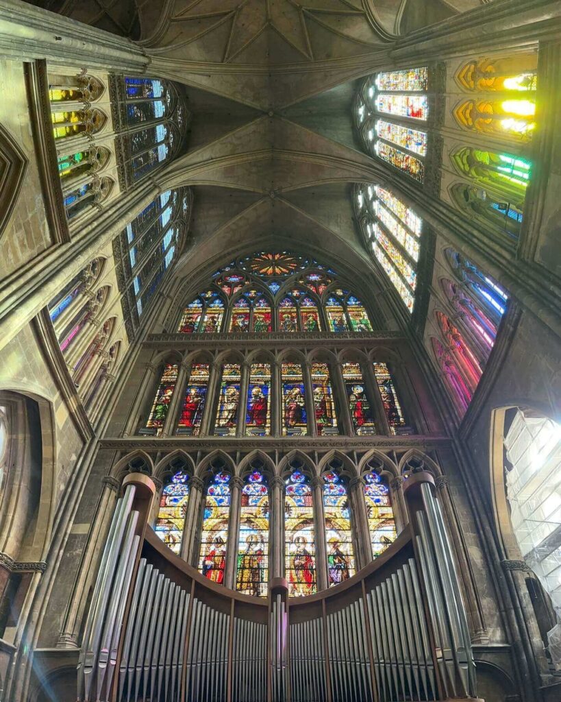Afternoon stained glass reflections inside Metz Cathedral