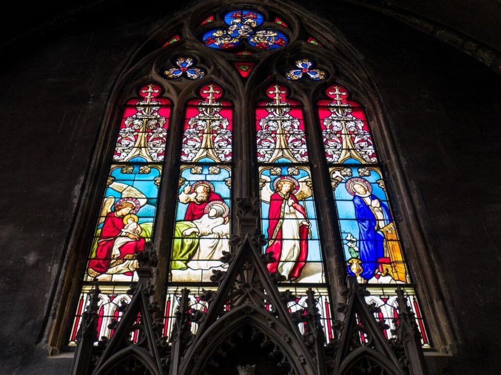 Marc Chagall stained glass window inside Metz Cathedral