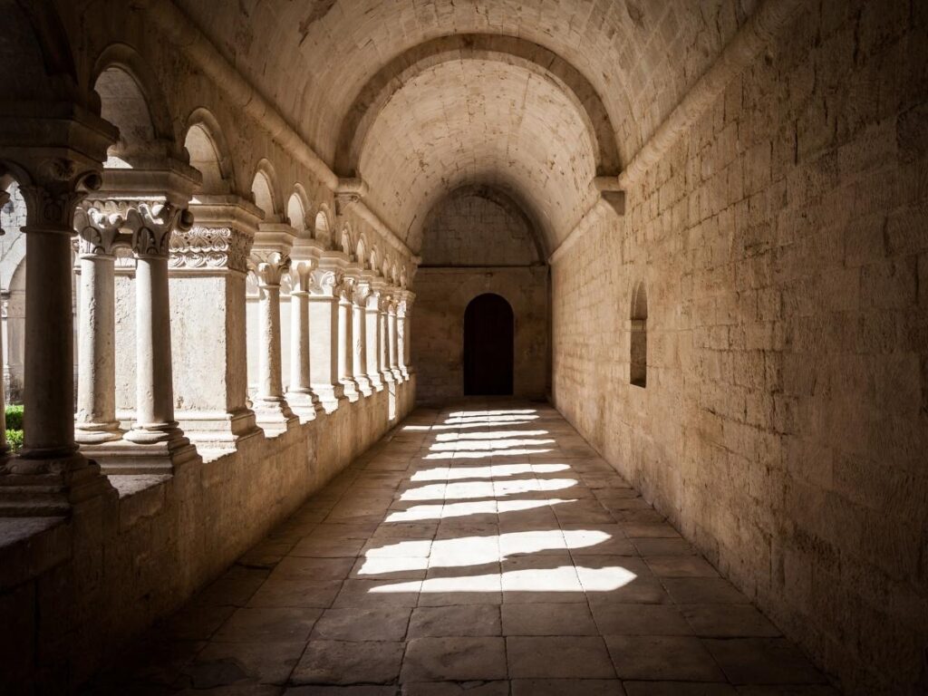 Gothic interior inside Mont Saint Michel Abbey