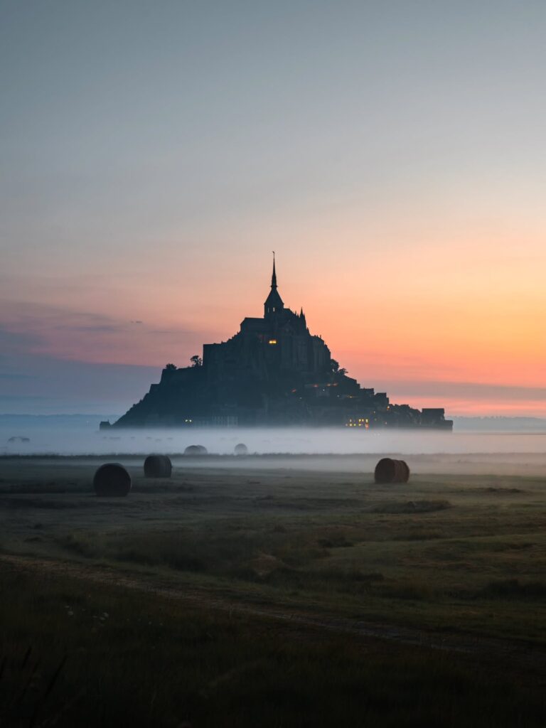 Sunset light glowing on Mont Saint Michel Abbey