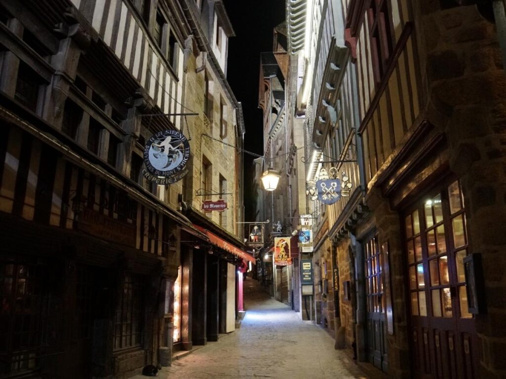 Quiet winter streets inside Mont Saint Michel village