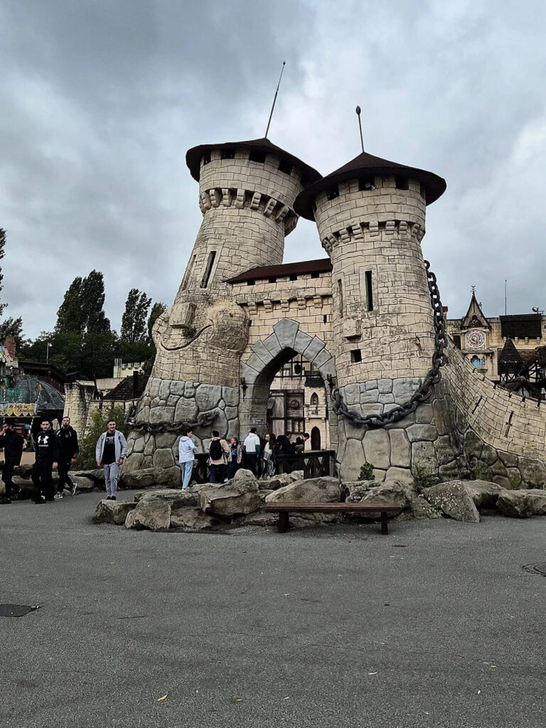 Visitors entering Parc Astérix theme park near Paris