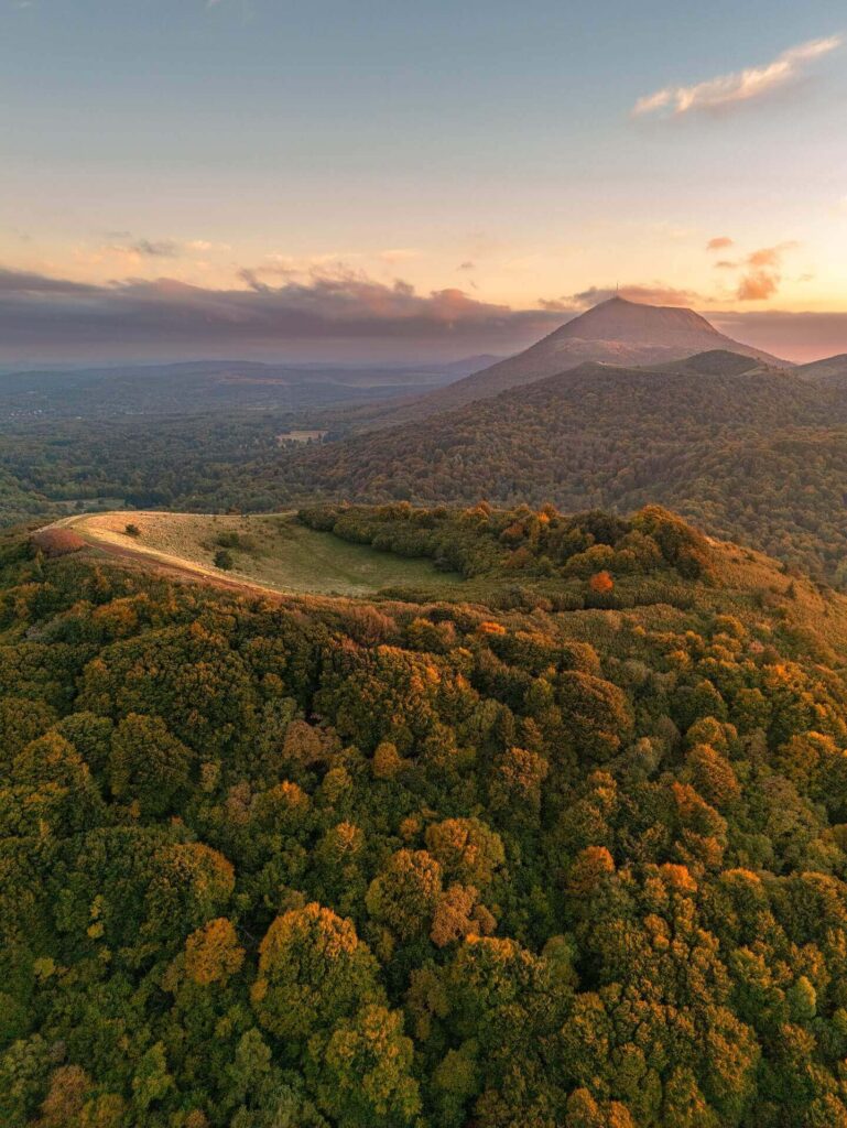 Panoramic summit view across the Chaîne des Puys volcanoes