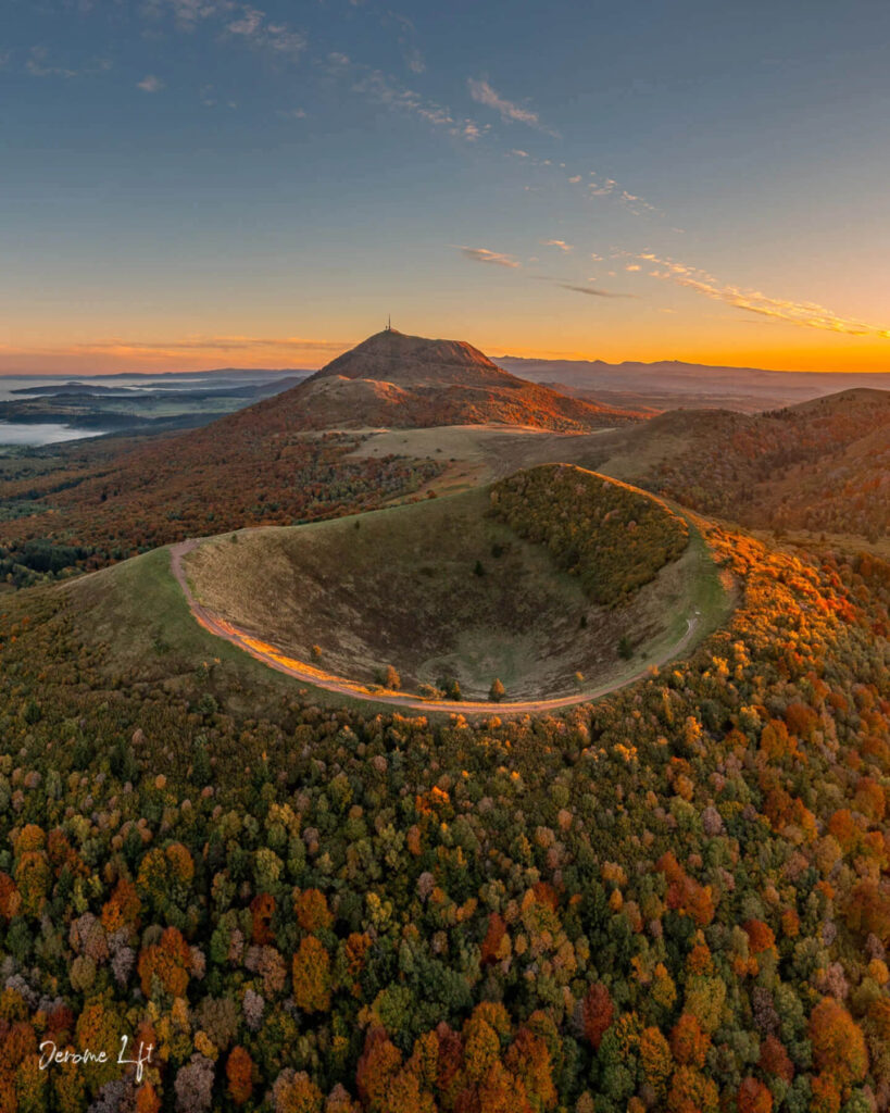 Sunset over the Chaîne des Puys volcanic hills