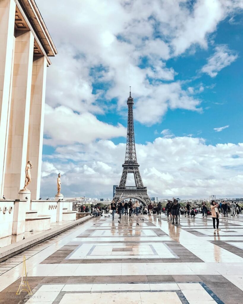 Eiffel Tower viewed from Trocadéro with a wide open foreground in Paris
