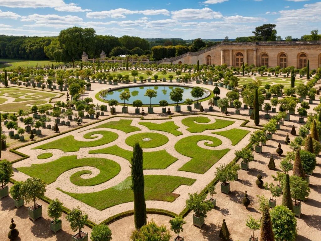 Wide symmetrical view of Versailles gardens with pathways and fountains