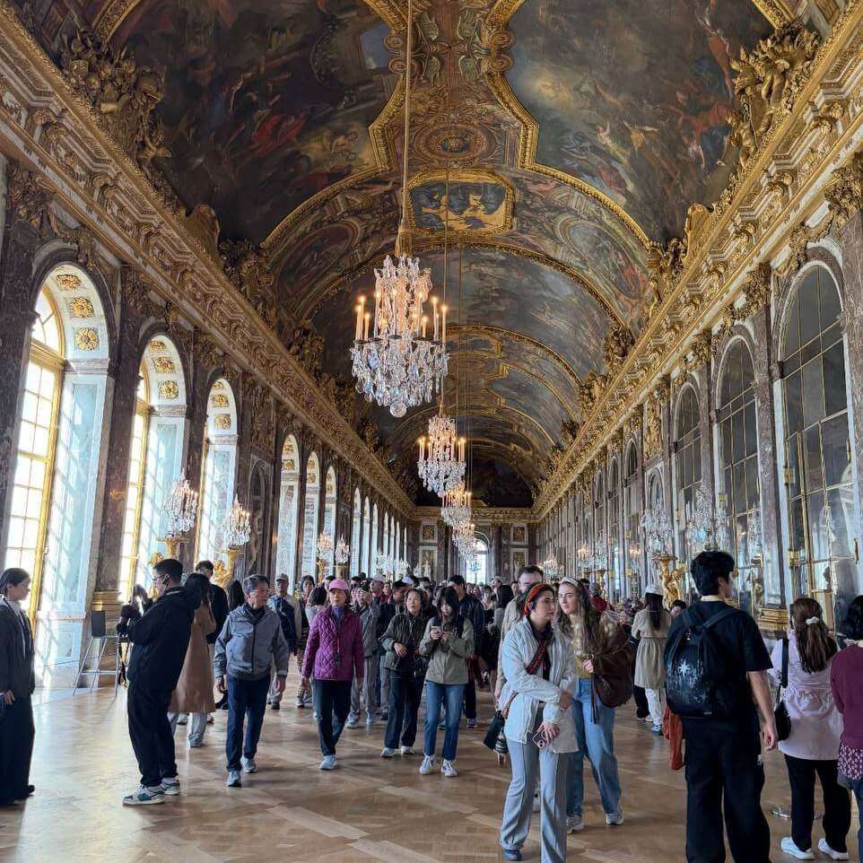 Large crowds at the Palace of Versailles entrance during peak hours