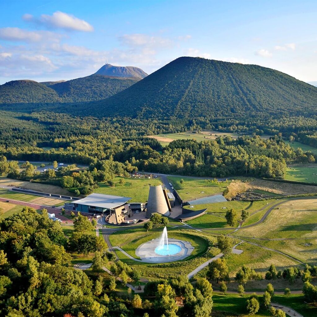Vulcania theme park surrounded by the volcanoes of the Chaîne des Puys