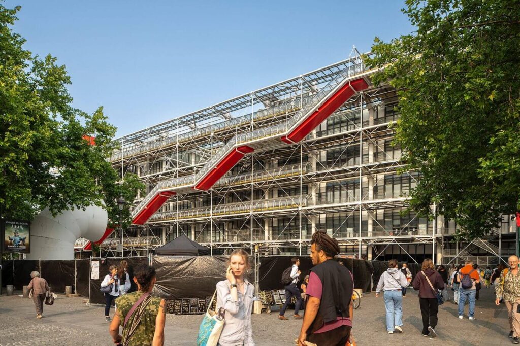 Walking through Paris streets toward Centre Pompidou in Le Marais