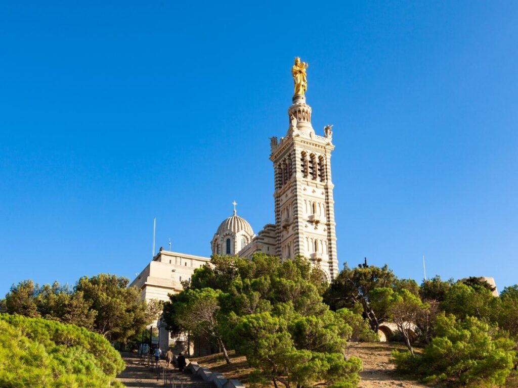 Walking uphill toward Notre Dame de la Garde in Marseille