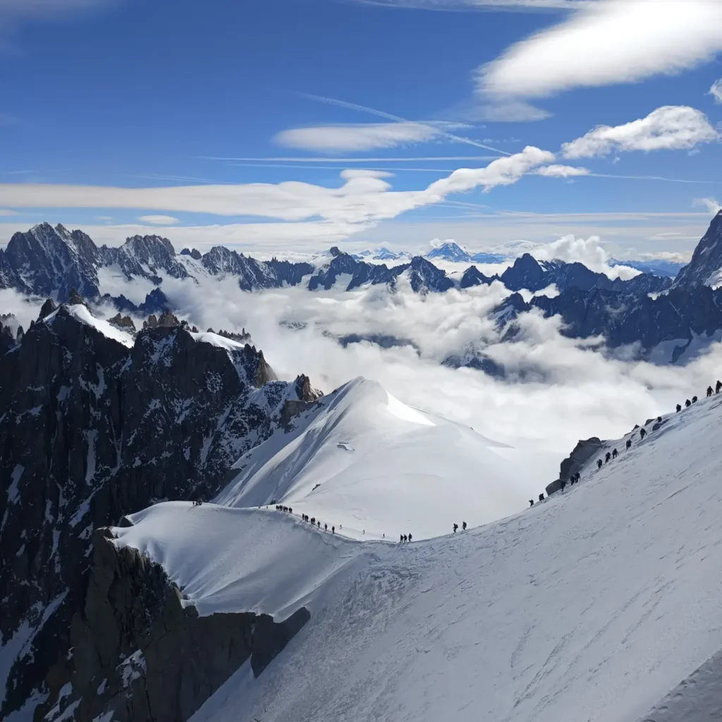 Summer mountain scenery and hiking trails near Aiguille du Midi