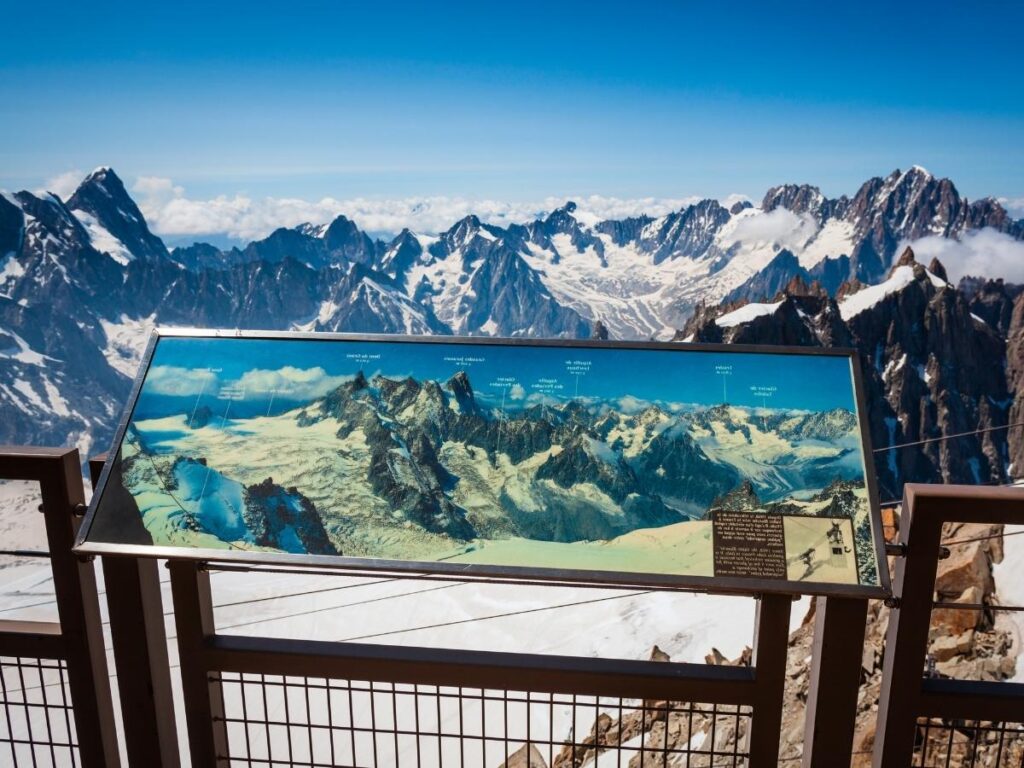 Panoramic views of glaciers and Mont Blanc from the summit of Aiguille du Midi