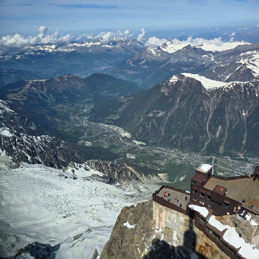 View of Aiguille du Midi towering above the Chamonix Valley