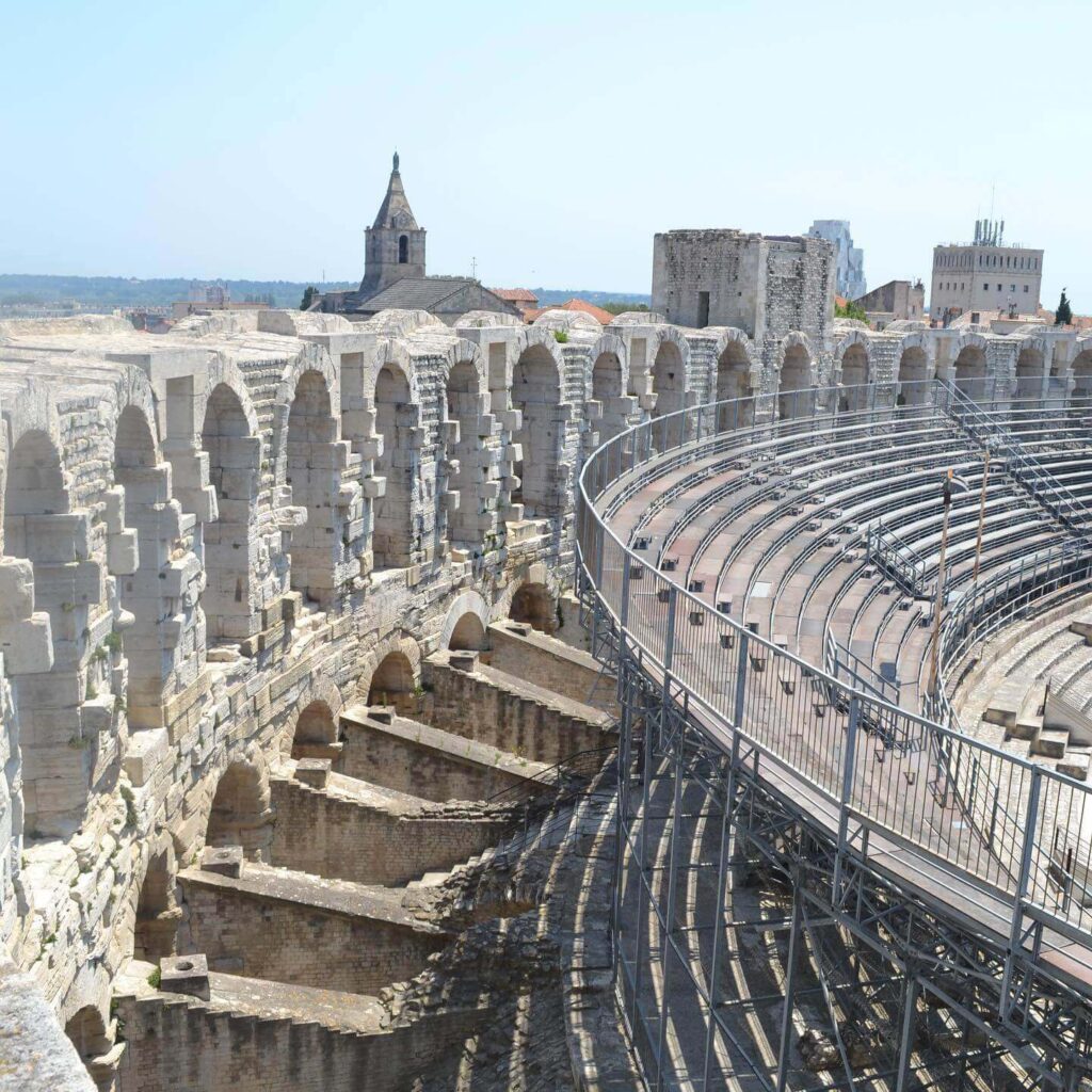 Arles Amphitheater rising above the historic streets of Arles, France