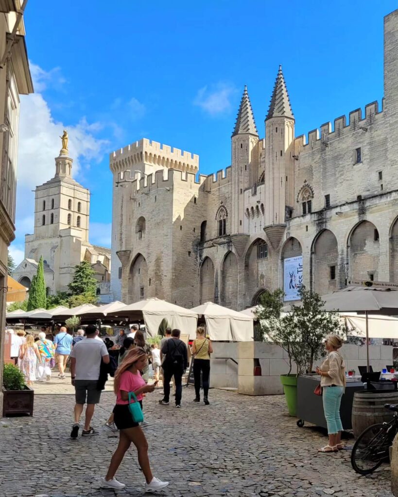 Medieval street lined with shops in Avignon's historic center