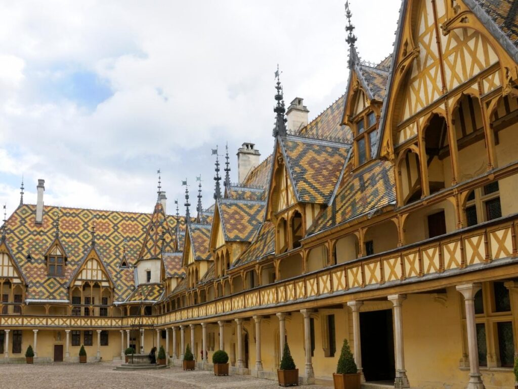Panoramic view of Hospices de Beaune with its famous Burgundy tiled roofs