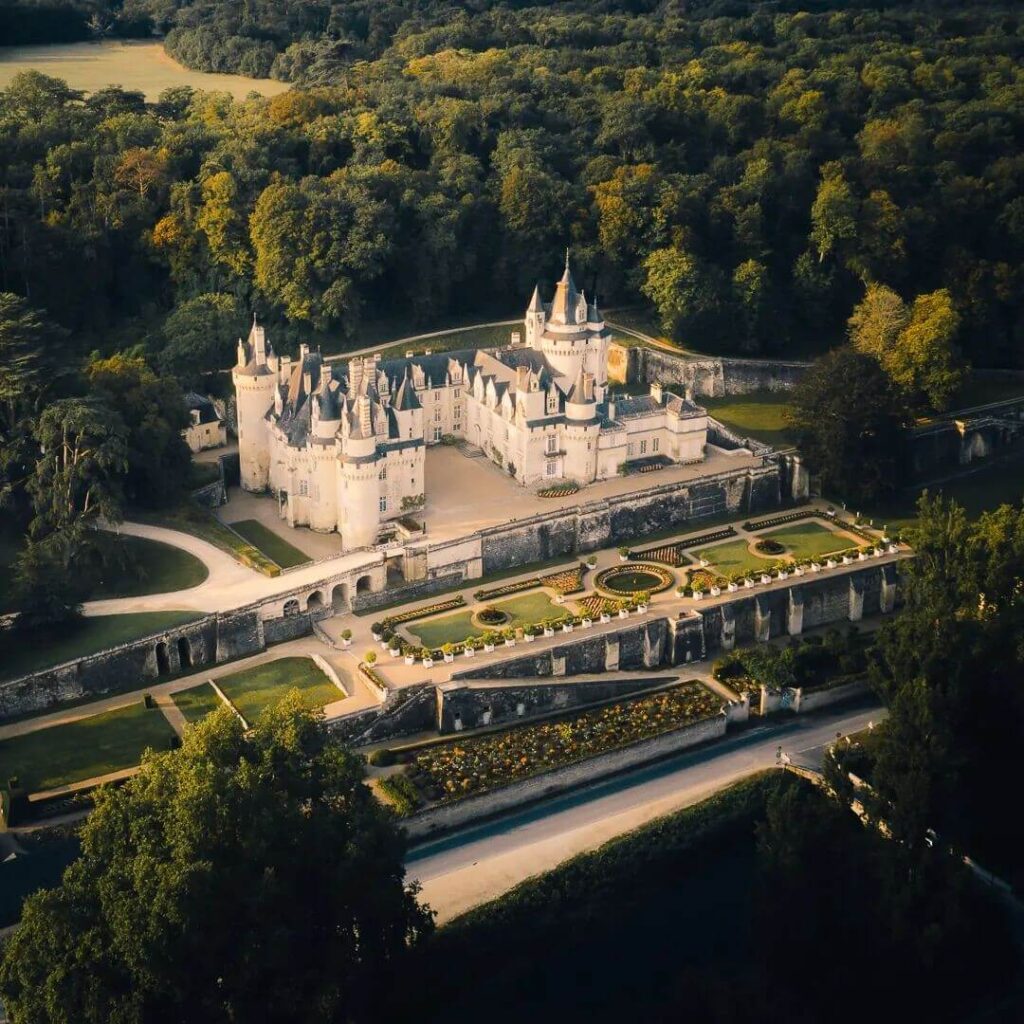 Panoramic view of Château d'Ussé and its grounds in the Loire Valley