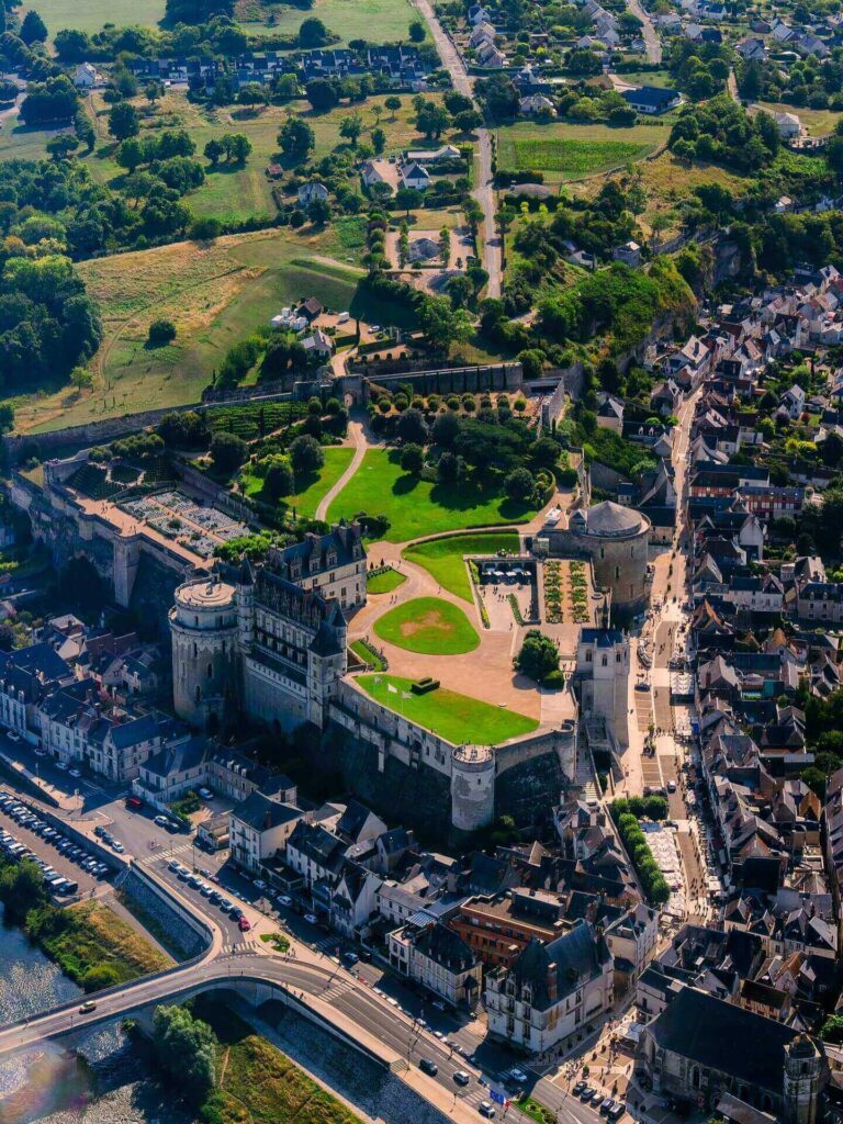 Aerial view of Château d'Amboise above the Loire River in France