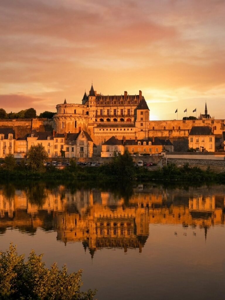 Château d'Amboise illuminated by evening light above the Loire River