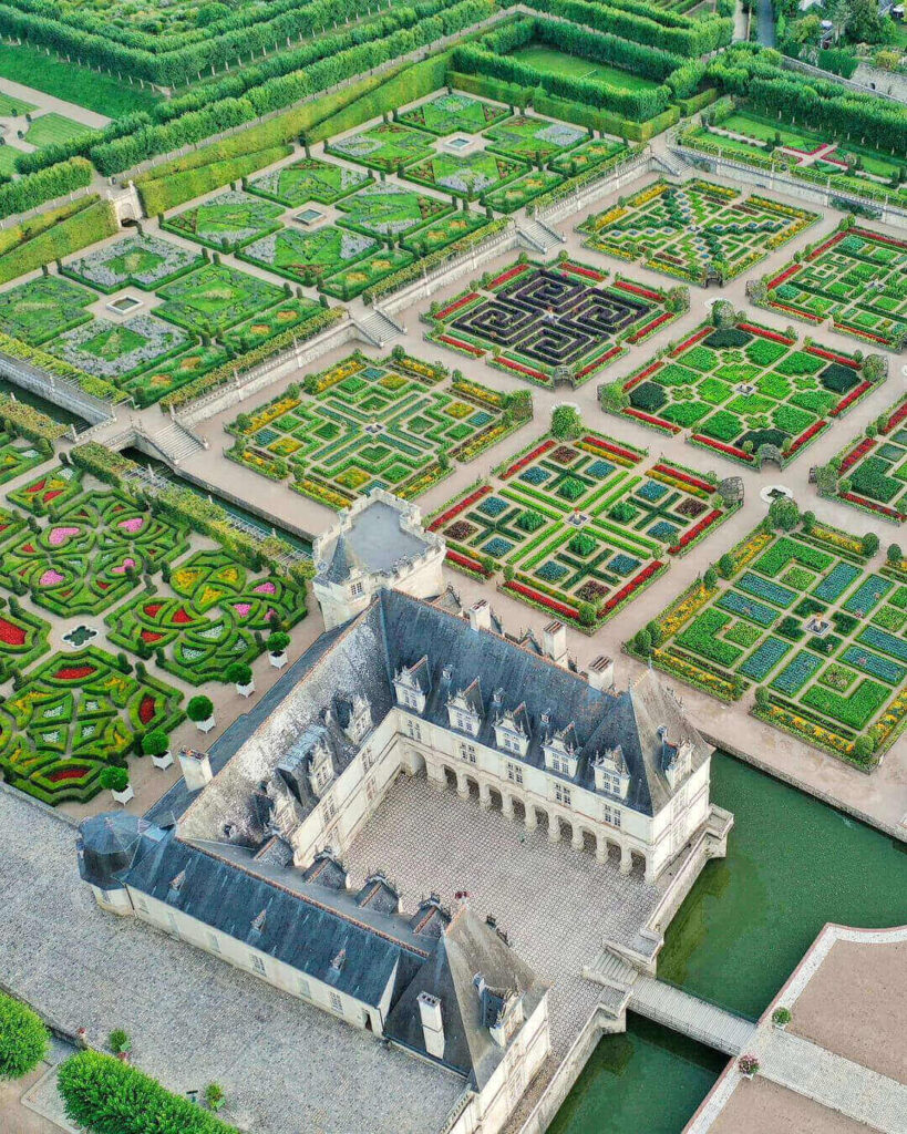 Panoramic view of Château de Villandry and its Renaissance gardens in the Loire Valley
