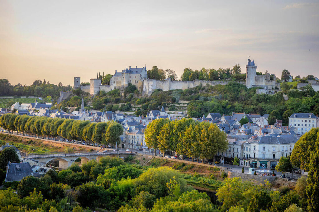 Historic streets and medieval architecture in the town of Chinon, France