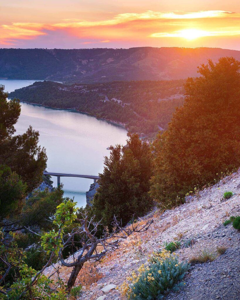 Sunset over Gorges du Verdon with golden light on canyon cliffs