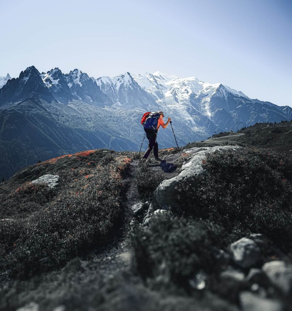 Hikers walking along the Grand Balcon Nord trail above Chamonix