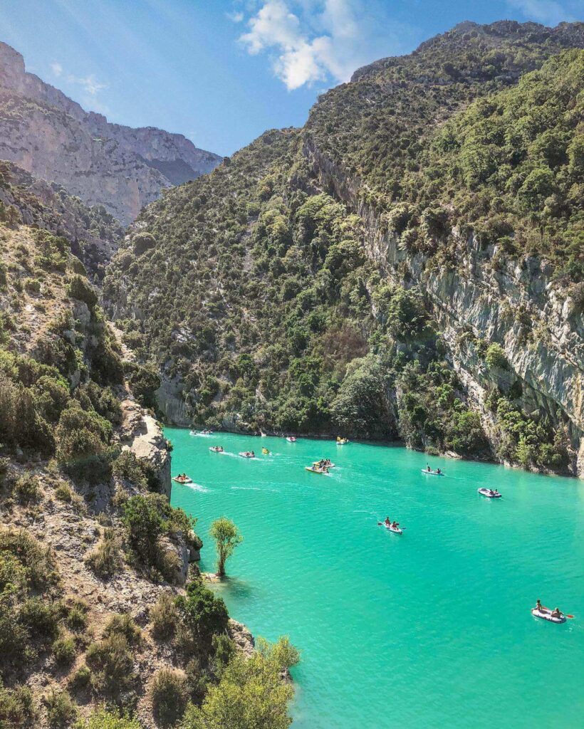 Panoramic view of Gorges du Verdon with turquoise river and towering limestone cliffs