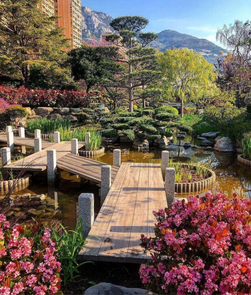 Japanese Garden in Monaco with pond and landscaped greenery