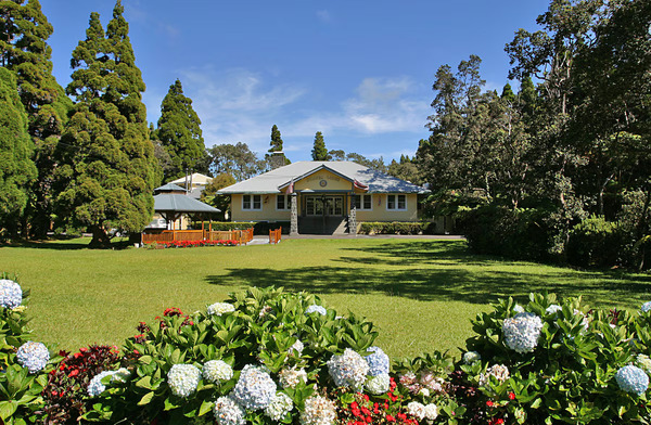 Charming mountain lodge at Kilauea Lodge & Restaurant in Volcano Village, Hawaii, featuring rustic wood architecture, lush rainforest surroundings, cozy accommodations, and a welcoming countryside atmosphere.
