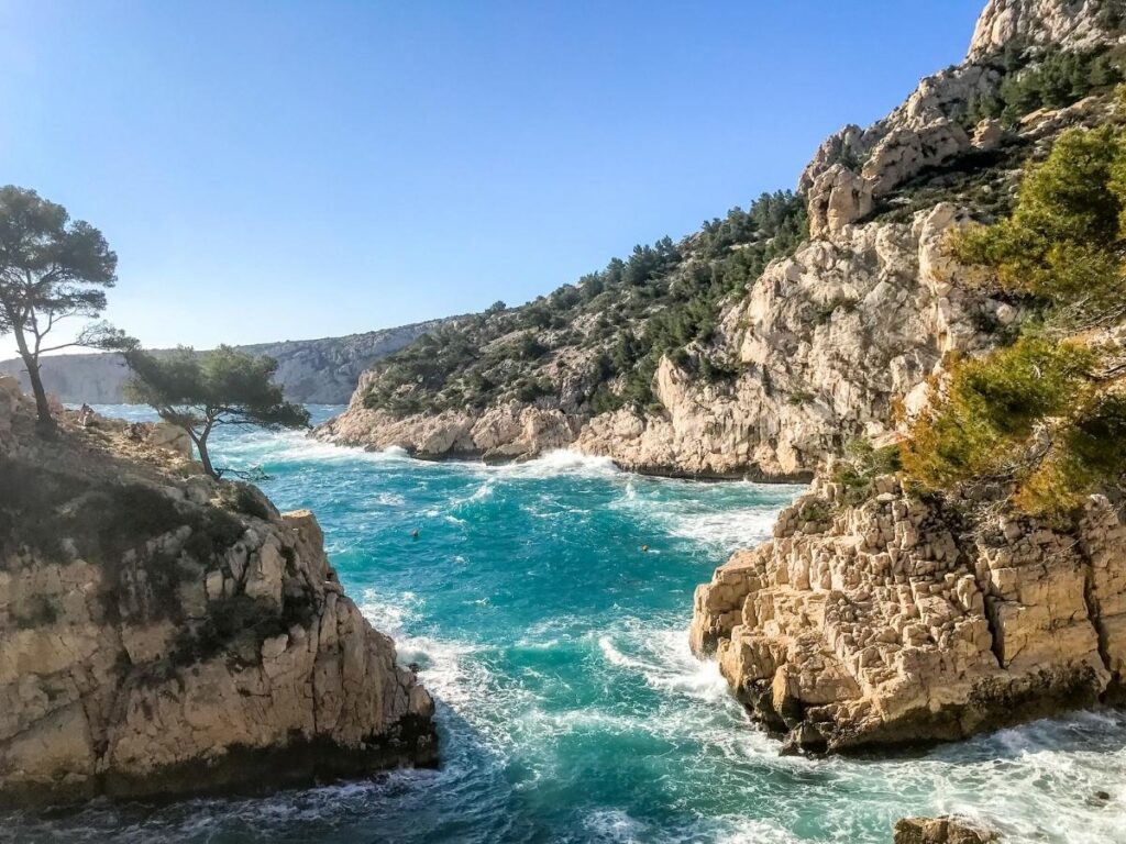 Limestone cliffs and Mediterranean water in Calanques National Park