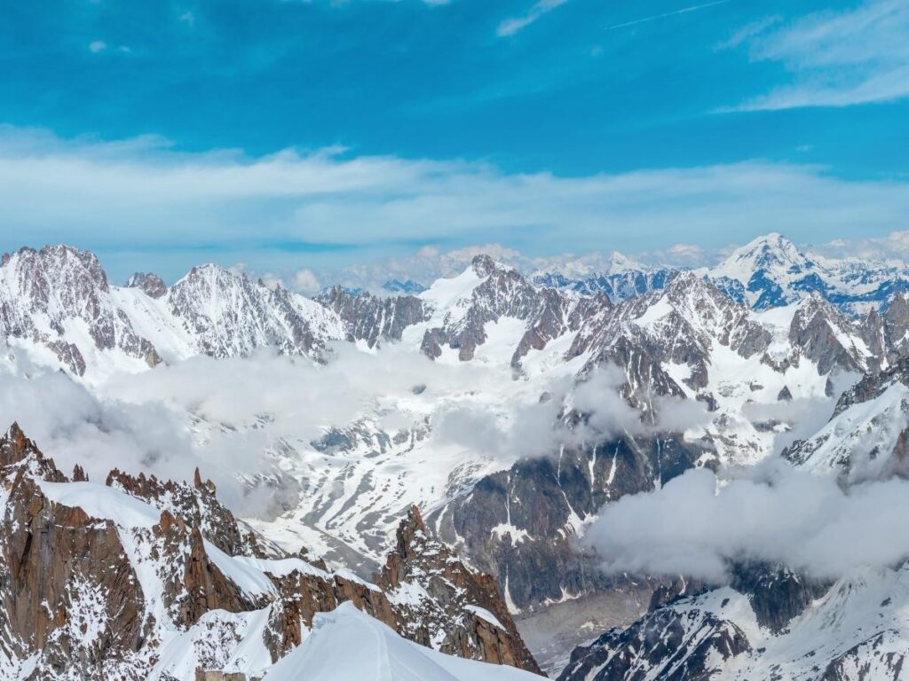 Mont Blanc and surrounding Alpine peaks viewed from Aiguille du Midi
