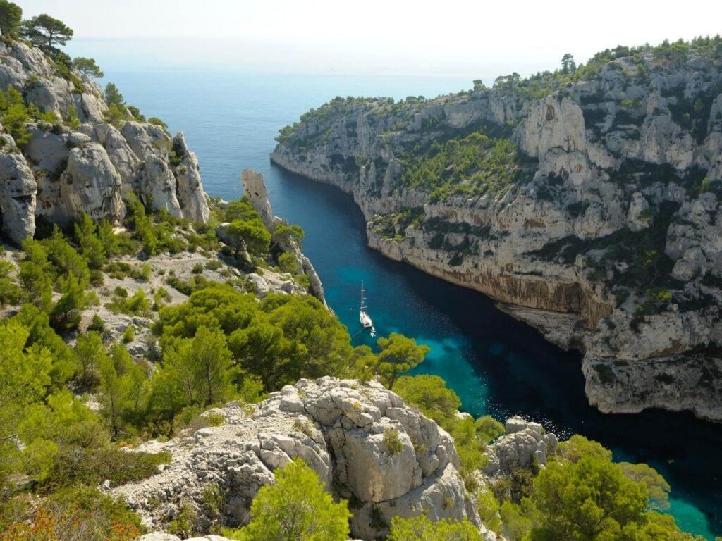 View of Calanque d'En-Vau from a hiking trail