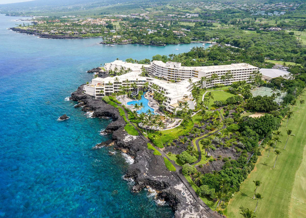 Outrigger Kona Resort & Spa in Kona, Hawaii, featuring family-friendly pools, ocean views, tropical landscaping, and activities designed for children, making it a top kid-friendly resort on the Big Island.